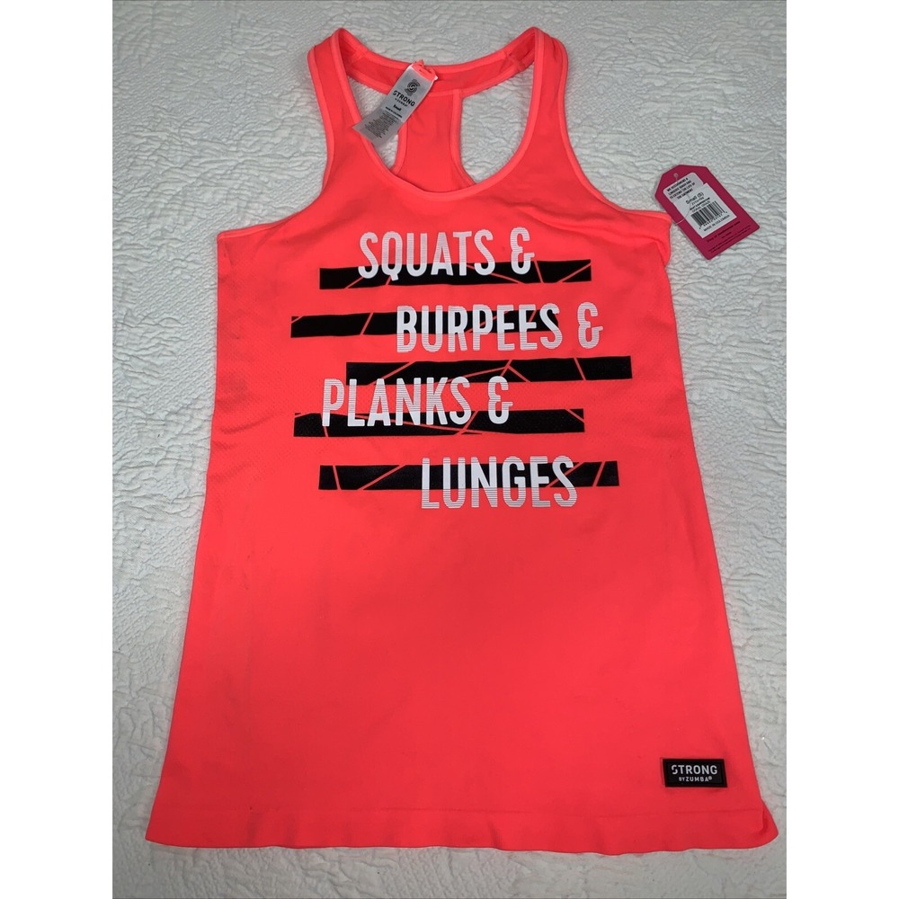 ZUMBA Strong RacerBack Tank Top Tee Small Squats & Burpees Coral Craze Rare!